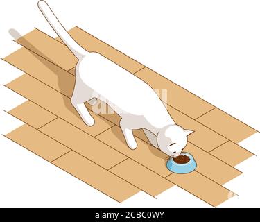 White kitten eats cat food from a bowl Stock Vector