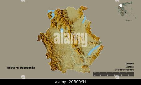 Shape of Western Macedonia, decentralized administration of Greece, with its capital isolated on solid background. Distance scale, region preview and Stock Photo