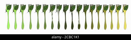 Set of forks with green leaves and green gradient on white background for vegan menu decor, restaurant invitation and presentation Stock Vector