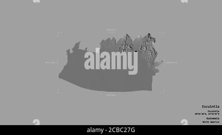 Area of Escuintla, department of Guatemala, isolated on a solid background in a georeferenced bounding box. Labels. Bilevel elevation map. 3D renderin Stock Photo