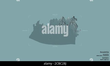 Area of Escuintla, department of Guatemala, isolated on a solid background in a georeferenced bounding box. Labels. Colored elevation map. 3D renderin Stock Photo