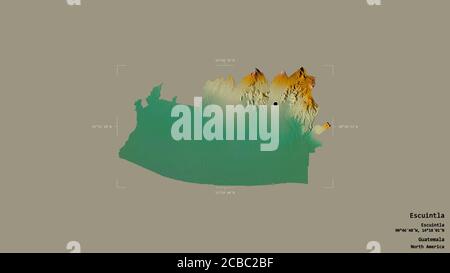 Area of Escuintla, department of Guatemala, isolated on a solid background in a georeferenced bounding box. Labels. Topographic relief map. 3D renderi Stock Photo