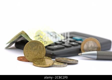 Money and pocket calculator against white background Stock Photo