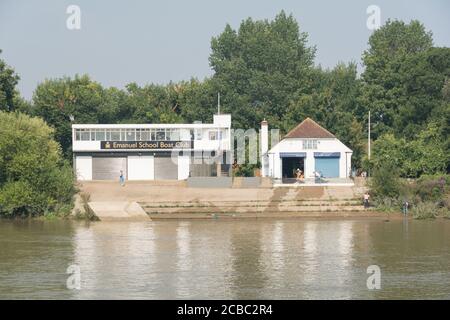 Emanuel School Boathouse and the Civil Service Boathouse, in Duke's Meadows, London, W4, UK. Stock Photo