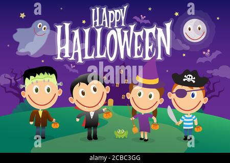 Group of children in halloween costumes. Vector illustration character set. Stock Vector