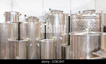 Many Stainless Steel Silo Tanks Wine Production Storage Stock Photo