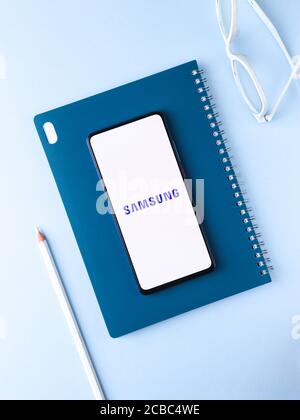 Assam, india - Augest 9, 2020 : Samsung logo on a phone screen stock image. Stock Photo