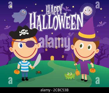 Boy and girl on halloween costumes. Children dressed as pirate and witch. Cartoon vector illustration card Stock Vector