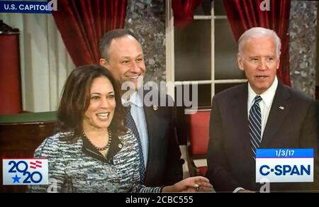 Washington, District of Columbia, USA. 12th Aug, 2020. A screen grab of C-SPAN's replay from January 3, 2017 of the ceremonial swearing-in by Vice President JOE BIDEN of KAMALA HARRIS as the junior senator from California. Mr.Biden and Ms. Harris are now the Democratic presidential ticket for the 2020 election. Credit: Brian Cahn/ZUMA Wire/Alamy Live News Stock Photo