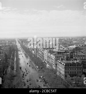 1950s, historical, Paris, France, aerial view of the city and one of the classic Parisian tree-lined boulevards or wide roads.  Of interest here in this era is consistent level of the city's skyline, with no extra tall buildings. Stock Photo