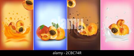 Apricot juice, apricot in chocolate, milk splash. Collection fresh apricot. Sweet dessert. 3D realistic apricot. Vector illustration Stock Vector