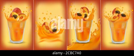 Apricot juice in glass. Collection fresh apricot. Sweet cocktail. 3D realistic apricot. Package design. Apricot are whole and cut in half. Detailed vector Illustration Stock Vector