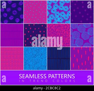Set of vector seamless backgrounds with flowers, doodle pattern, chaotic lines, hearts. Stock Vector