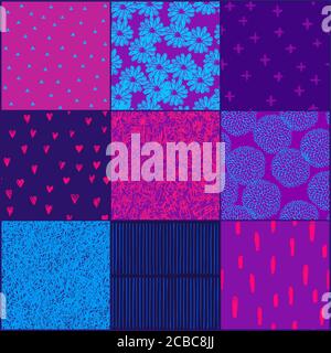 Set of vector seamless backgrounds with flowers, doodle pattern, chaotic lines, hearts. Stock Vector