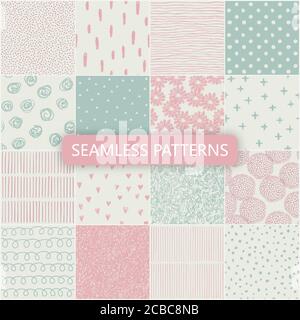 Set of vector seamless spring patterns with flowers, doodle pattern, dots, hearts, lines. Stock Vector