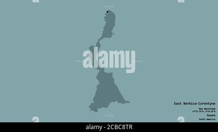 Area of East Berbice-Corentyne, region of Guyana, isolated on a solid background in a georeferenced bounding box. Labels. Colored elevation map. 3D re Stock Photo