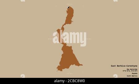 Area of East Berbice-Corentyne, region of Guyana, isolated on a solid background in a georeferenced bounding box. Labels. Composition of patterned tex Stock Photo