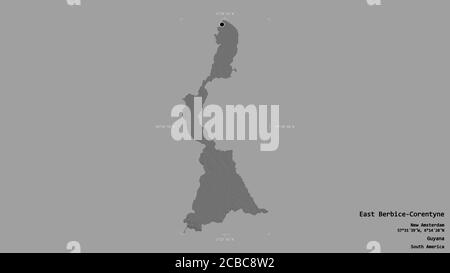 Area of East Berbice-Corentyne, region of Guyana, isolated on a solid background in a georeferenced bounding box. Labels. Bilevel elevation map. 3D re Stock Photo