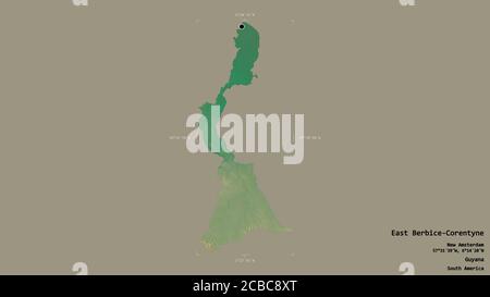 Area of East Berbice-Corentyne, region of Guyana, isolated on a solid background in a georeferenced bounding box. Labels. Topographic relief map. 3D r Stock Photo