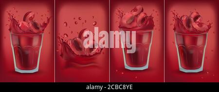 Red cherry juice in glass. Collection fresh cherry. Sweet cocktail. 3D realistic cherry. Package design. Cherry are whole and cut in half. Detailed vector Illustration.  Stock Vector