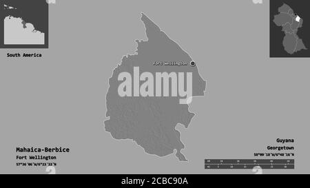 Shape of Mahaica-Berbice, region of Guyana, and its capital. Distance scale, previews and labels. Bilevel elevation map. 3D rendering Stock Photo