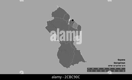 Desaturated shape of Guyana with its capital, main regional division and the separated Mahaica-Berbice area. Labels. Bilevel elevation map. 3D renderi Stock Photo