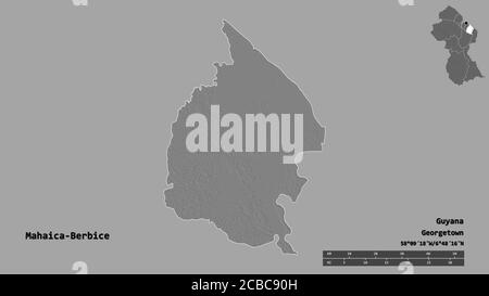 Shape of Mahaica-Berbice, region of Guyana, with its capital isolated on solid background. Distance scale, region preview and labels. Bilevel elevatio Stock Photo