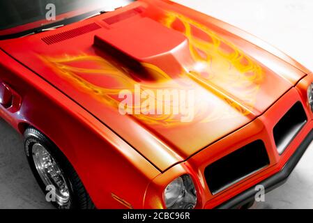 Izmir, Turkey - July 11, 2020: Upper front view of the hood of the 1974 Pontiac Trans am Firebird in a studio shot. Stock Photo