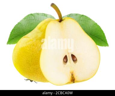 Isolated pear fruits. Halved yellow pears isolated on white background Stock Photo