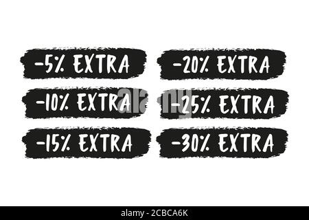 Hand sketched word EXTRA. Hand sketched sale tags 5, 10, 15, 20, 25, 30, percent label Stock Vector