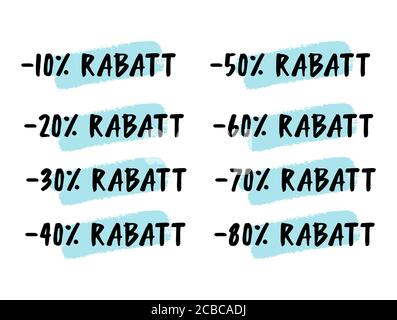 Hand sketched word RABATT in German. Translated Discount. Hand sketched sale tags set 5, 10, 20, 30, 40, 50, 60, 70 percent label Stock Vector