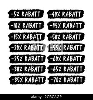 Hand sketched word RABATT in German. Translated Discount. Hand sketched sale tags set 5 off, 10, 20, 30, 40, 50, 60, 70 percent label Stock Vector