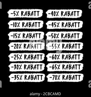 Hand sketched word RABATT in German. Translated Discount. Hand sketched sale tags set 5 off, 10, 20, 30, 40, 50, 60, 70 percent label Stock Vector