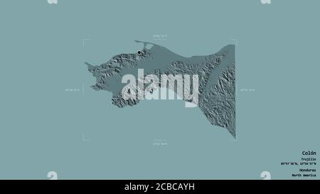 Area of Colón, department of Honduras, isolated on a solid background in a georeferenced bounding box. Labels. Colored elevation map. 3D rendering Stock Photo