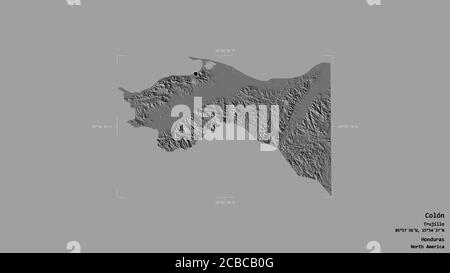 Area of Colón, department of Honduras, isolated on a solid background in a georeferenced bounding box. Labels. Bilevel elevation map. 3D rendering Stock Photo