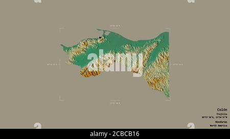 Area of Colón, department of Honduras, isolated on a solid background in a georeferenced bounding box. Labels. Topographic relief map. 3D rendering Stock Photo