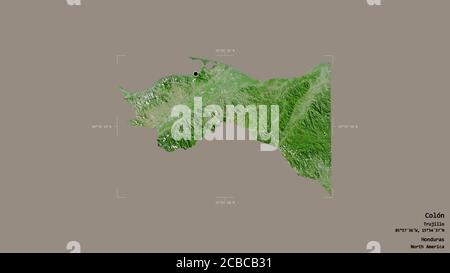 Area of Colón, department of Honduras, isolated on a solid background in a georeferenced bounding box. Labels. Satellite imagery. 3D rendering Stock Photo