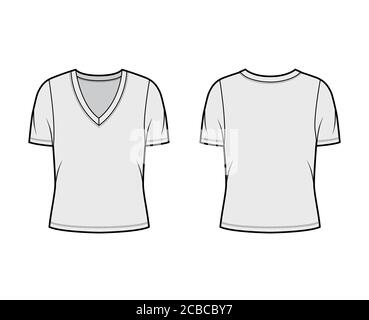 Deep V-neck jersey t-shirt technical fashion illustration with