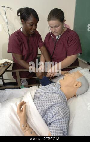 Pine Bluff, Arkansas  October 16, 2006: Community college students practice nursing care techniques with a medical dummy simulating an elderly patient while taking a hands-on class on nursing home care.     ©Bob Daemmrich Stock Photo