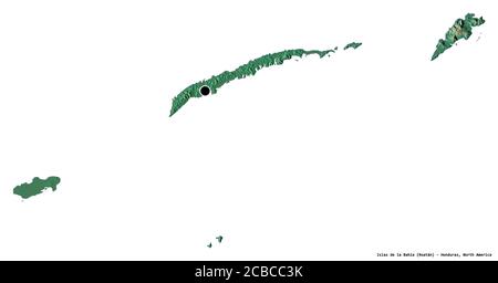 Shape of Islas de la Bahía, department of Honduras, with its capital isolated on white background. Topographic relief map. 3D rendering Stock Photo