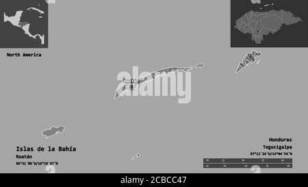 Shape of Islas de la Bahía, department of Honduras, and its capital. Distance scale, previews and labels. Bilevel elevation map. 3D rendering Stock Photo