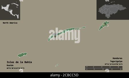 Shape of Islas de la Bahía, department of Honduras, and its capital. Distance scale, previews and labels. Topographic relief map. 3D rendering Stock Photo