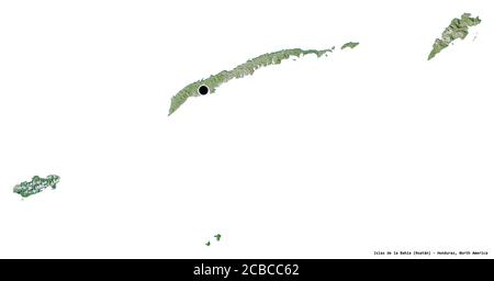 Shape of Islas de la Bahía, department of Honduras, with its capital isolated on white background. Satellite imagery. 3D rendering Stock Photo