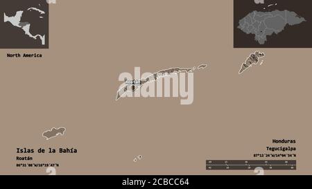 Shape of Islas de la Bahía, department of Honduras, and its capital. Distance scale, previews and labels. Colored elevation map. 3D rendering Stock Photo