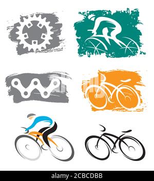 Cyclists and cycling elements colorful icons. Set of colorful symbols with cyclists and bicycle parts on grunge background. Vector available. Stock Vector