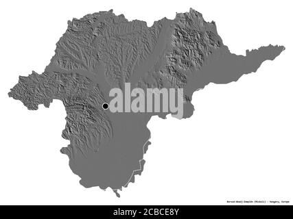 Shape of Borsod-Abaúj-Zemplén, county of Hungary, with its capital isolated on white background. Bilevel elevation map. 3D rendering Stock Photo