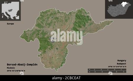 Shape of Borsod-Abaúj-Zemplén, county of Hungary, and its capital. Distance scale, previews and labels. Satellite imagery. 3D rendering Stock Photo