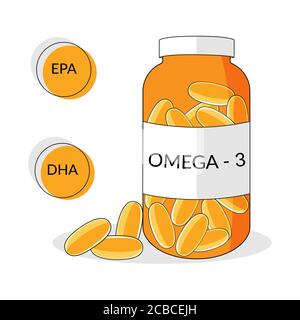 Bottle with omega-3 softgels, natural fish oil, EPA, DHA vector illustration Stock Vector