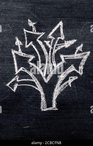 Multiple direction arrows as concept of choice and making decision, chalk drawing on dirty blackboard