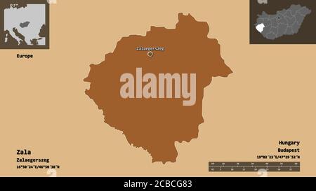 Shape of Zala, county of Hungary, and its capital. Distance scale, previews and labels. Composition of patterned textures. 3D rendering Stock Photo